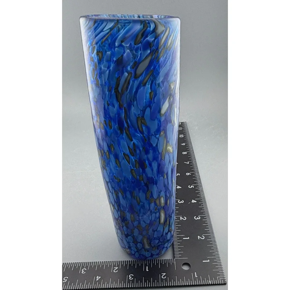 Vintage Art Glass Vase Blue White Tan Spatter Mottled 6.75